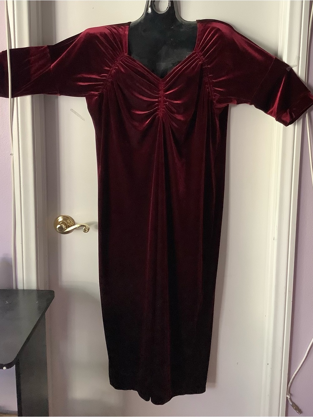 Burgundy Velvet Gathered V Neck Short Sleeves Maxi Evening Gown Warm Stretch